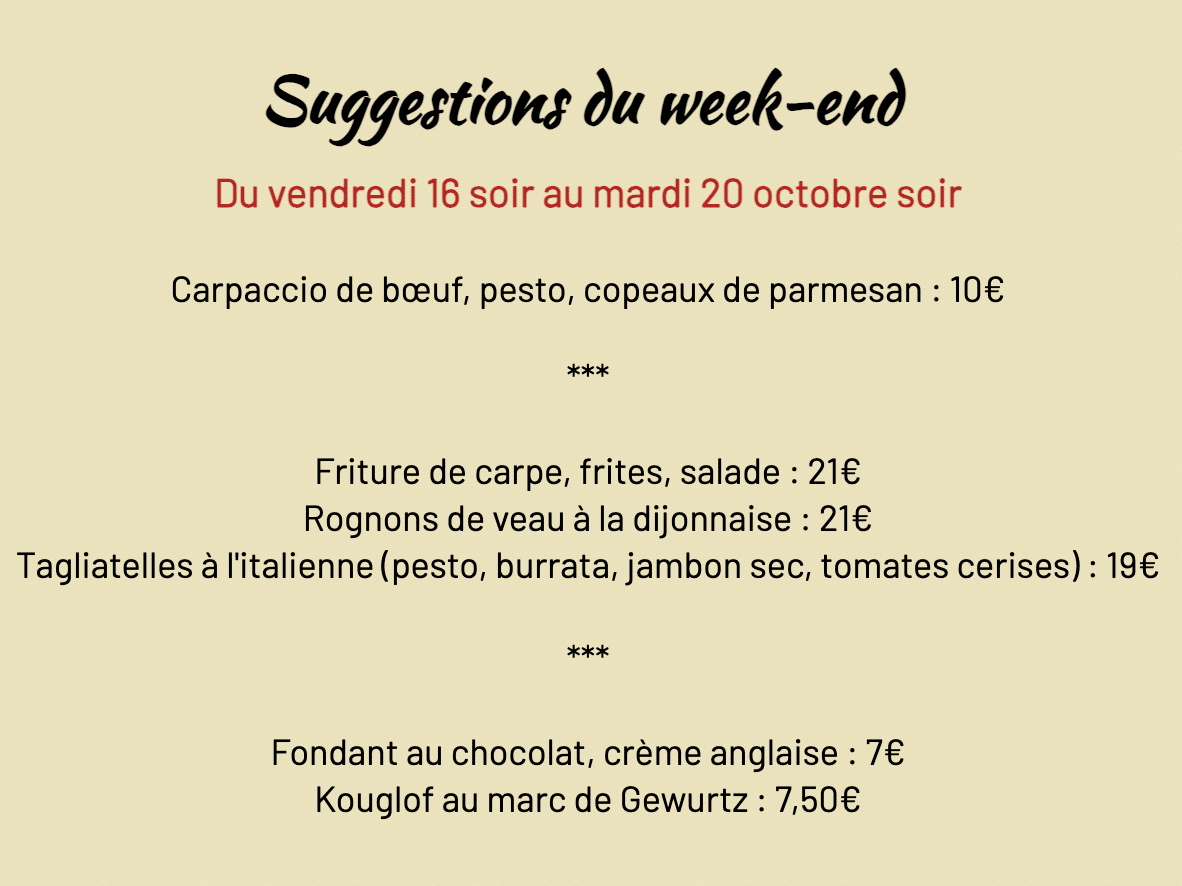 Suggestions du week-end du vendredi 16 soir au mardi 20 octobre soir